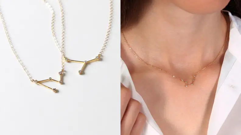 A split image of a zodiac necklace and a woman wearing the zodiac necklace depicts what could be one of the best birthday gifts of Aries season.