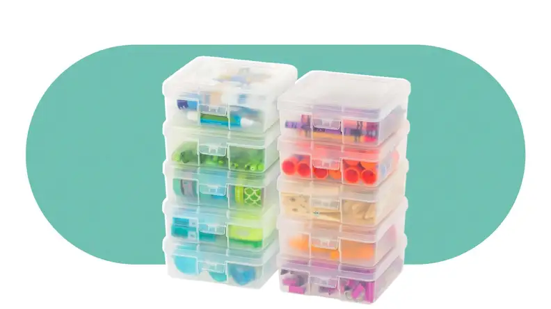 The Iris 10-pack small plastic boxes with colorful objects inside the boxes.