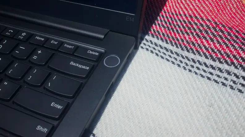 A close-up of the ThinkPad E14's fingerprint scanner, which is at the top right corner of the laptop, right next to the keyboard.