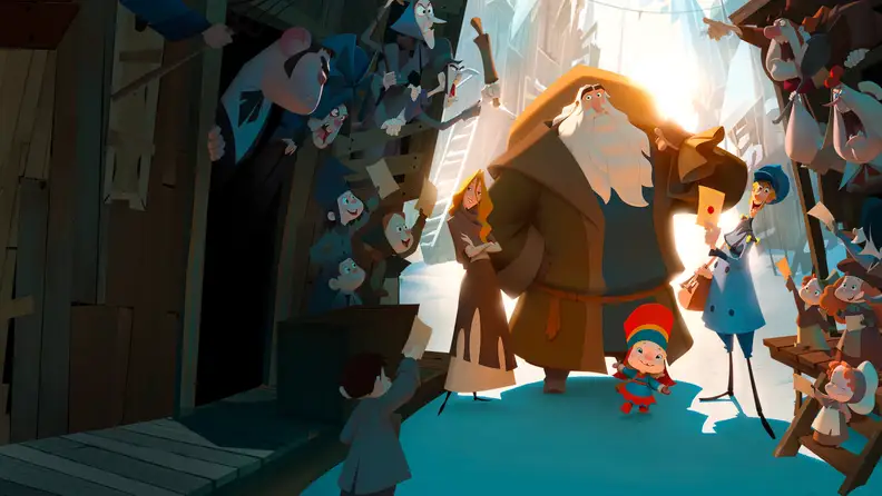 An animated Klous, voiced by JK Simmons, is escorted through cold, snowy city streets in a scene from Klaus (2019)