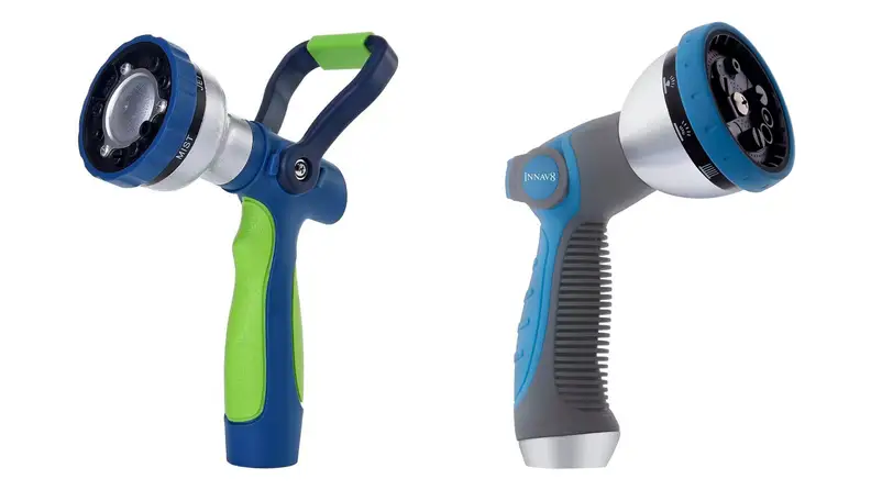 Two hose nozzles with dial controls to change spray settings