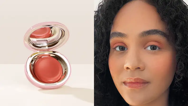 On the left: The gold and pink compact of the Rare Beauty Stay Vulnerable Melting Cream Blush is open to reveal an apricot-colored blush. On the right: A person wearing the peach-tinted blush on their cheeks.