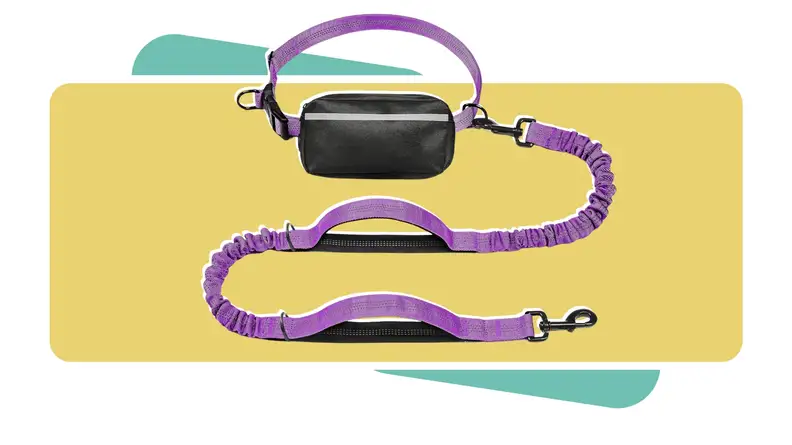 The iYoShop Hands Free Dog Leash with Zipper Pouch in purple and black color