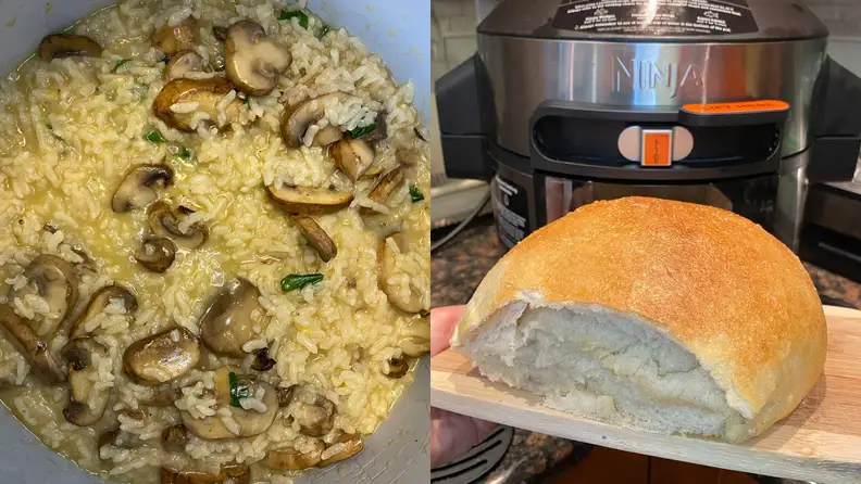(1) Sub-par risotto and mushrooms in a dish. (2) Bland white bread made inside a Ninja Foodi.