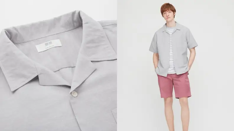 grey camp collar shirt from UNIQLO, man wearing grey camp collar shirt with salmon colored shorts from UNIQLO