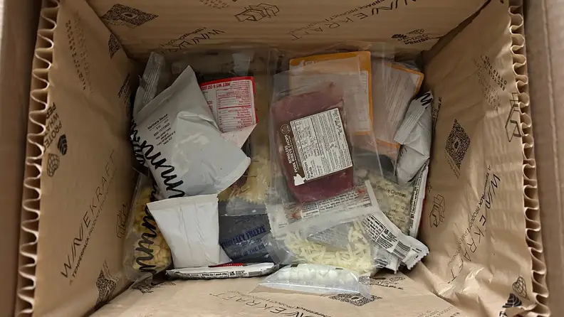 The inside of a Dinnerly box, insulated to help keep the Dinnerly products cold while it's being mailed.