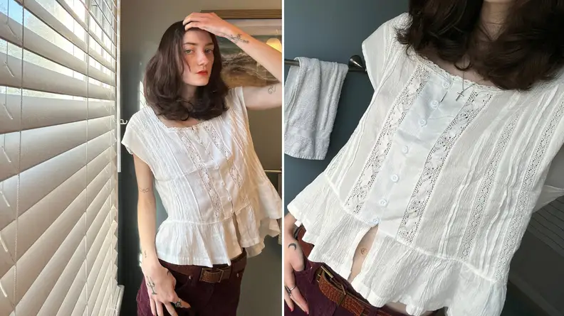 Side by side photos showing woman wearing a flowy white shirt