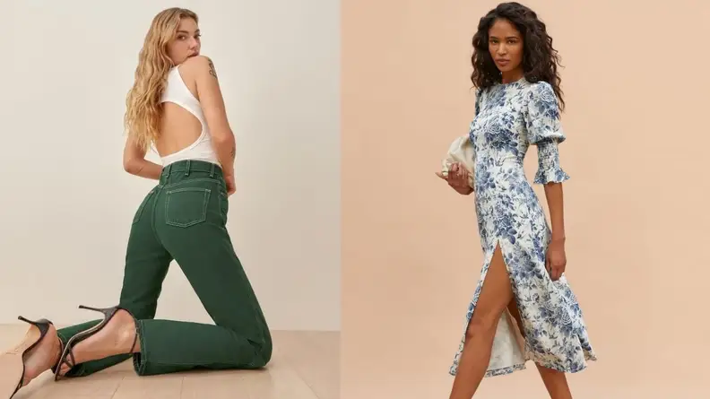 woman on her knees wearing jeans and tank top while looking back, woman mid-step showing off dress