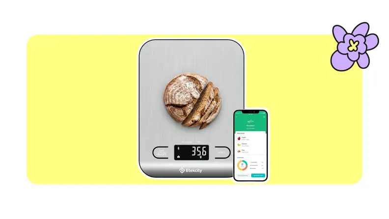 An Etekcity digital baking scale with iPhone app screenshot on a yellow background.