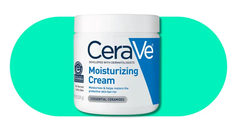 Tub of CeraVe Moisturizing Cream displayed on a green background.