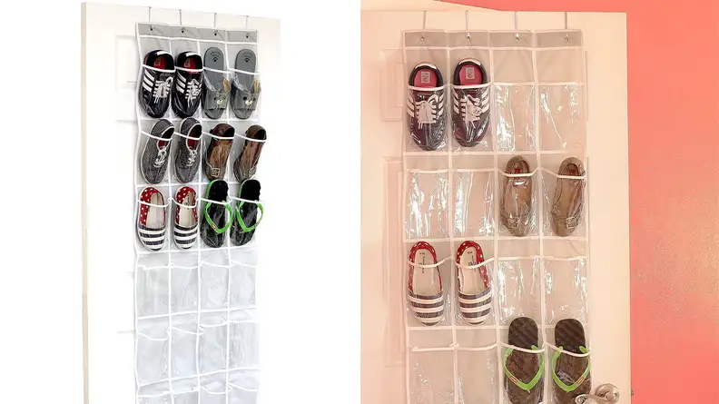 A hanging organizer on the back of a closet holding shoes.