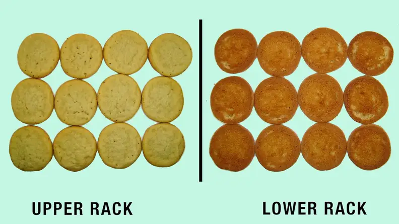 Two dozen cookies showing the golden difference of cooking on the upper rack and  the lower rack.