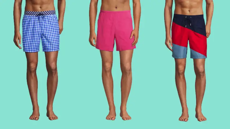 Three men's swimsuits: One in a gingham print, one in pink, and one in colorblock.