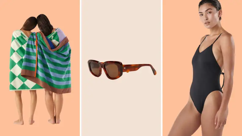 Two models wrapped in multicolored beach towels, a pair of tortoiseshell sunglasses, and a model wearing a black one-piece bathing suit.