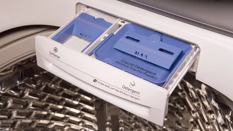 Add detergent and softener here. The bleach dispenser is located at the front.