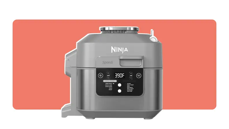 Product shot of a gray Ninja Speedi SF301 air fryer.