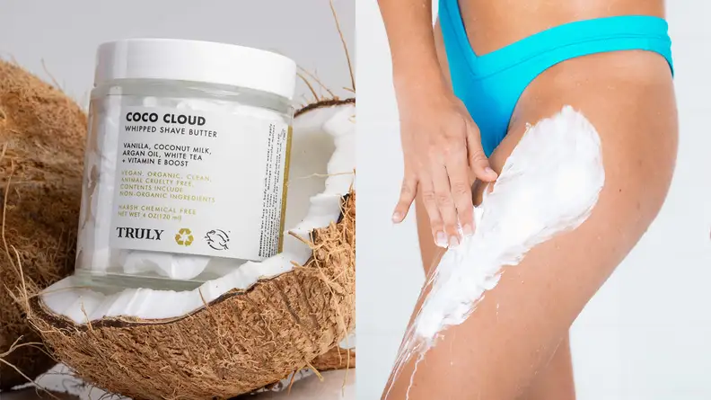 On the left: The clear jar of Truly Beauty Coco Cloud Whipped Luxury Shave Butter reveals a white substance inside. It sits inside a halved coconut. On the right: A woman spreads the shave butter onto her left thigh while wearing a blue bathing suit.