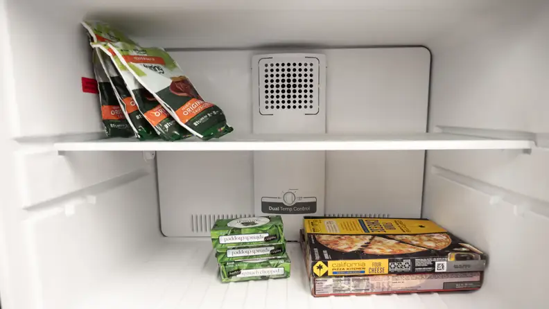 A shot of the interior of the GE GTS22KGNRBB top-freezer refrigerator's freezer, stocked with food for scale.