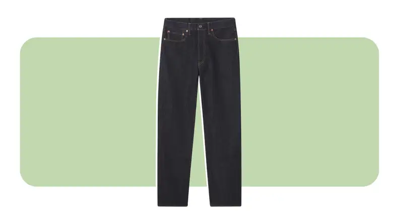 A pair of dark straight-leg jeans.