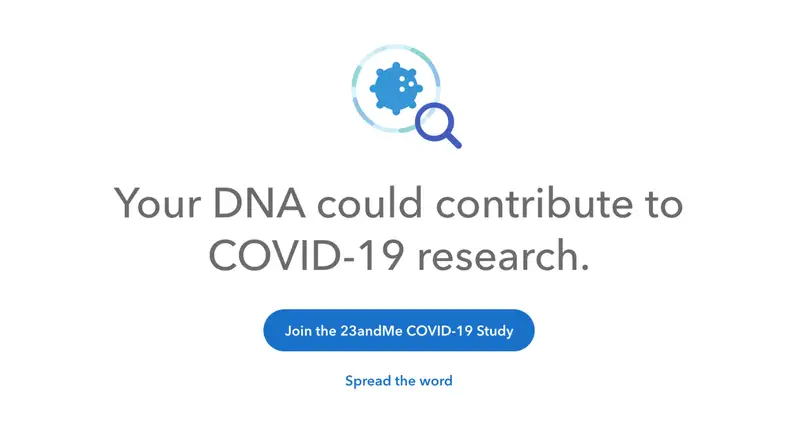 An image of a banner from the 23andMe website that discusses their COVID-19 research