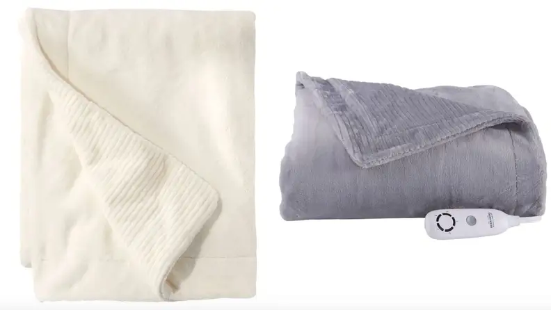 On left, a beige blanket with the corner folded. On right, a gray blanket folded on its side.