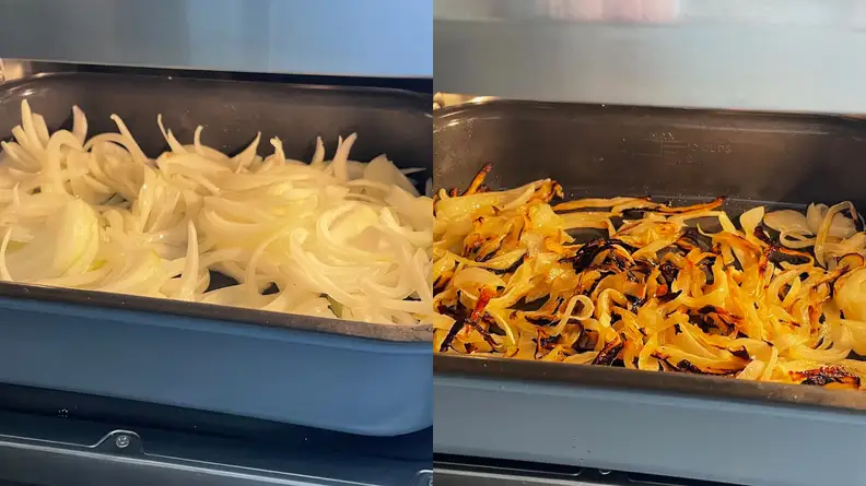 A collage of raw onions and cooked onions that have been prepared inside of the Ninja Combi Multicooker.