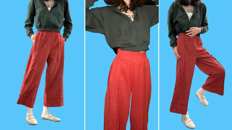 Three images of a woman wearing red wide-leg pants against a blue background.