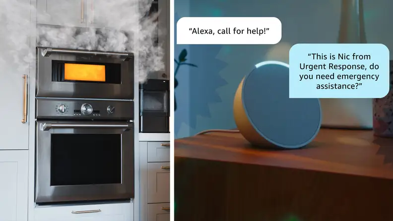 An illustration of the "Alexa call for help" command, with a response from an agent promising help.