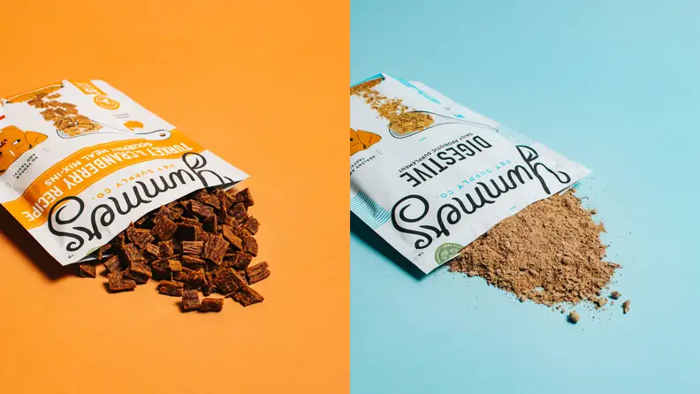 Two shots of the Yummers meal toppers on a blue and orange background.
