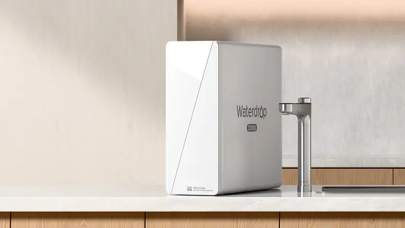 A water filtration system sits on a counter