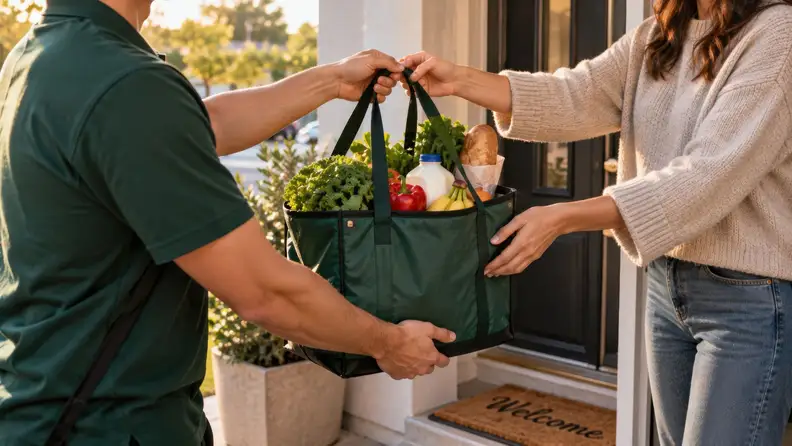 Delivery person handing groceries
