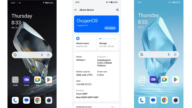 Three screenshots of a OnePlus 12 smartphone screen.