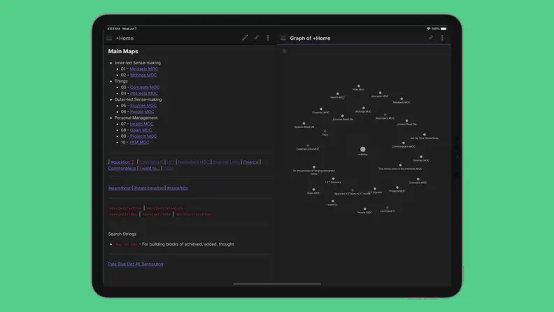Obsidian program interface against a green background.