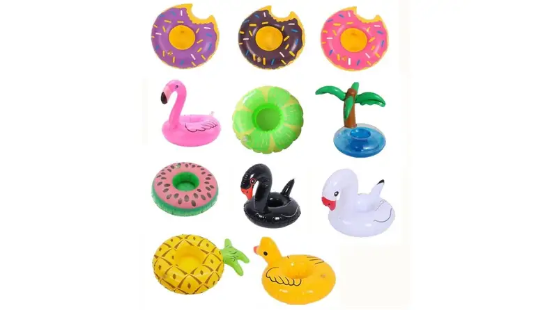 A set of tropical pool floats for drinks—or elves!