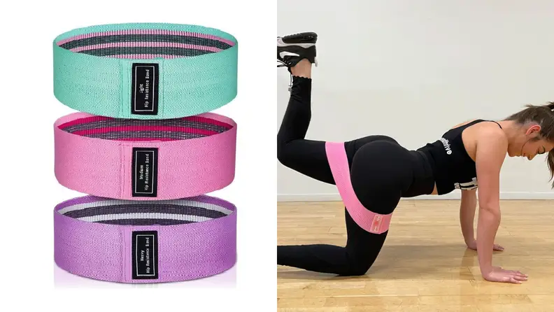 a set of booty bands and a woman using a booty bands for a donkey kick