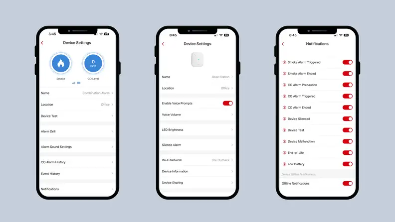 Three iPhones show images of the X-Sense app in use