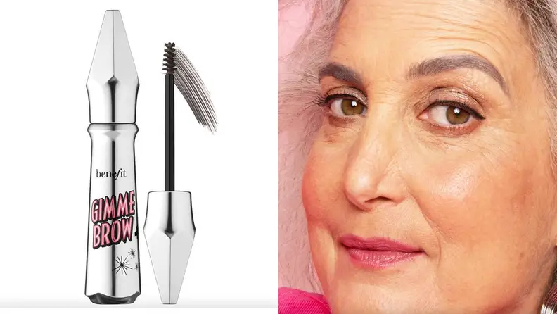 On left, eyebrow gel next to applicator. On right, elderly person with defined eyebrows in front of pink background.