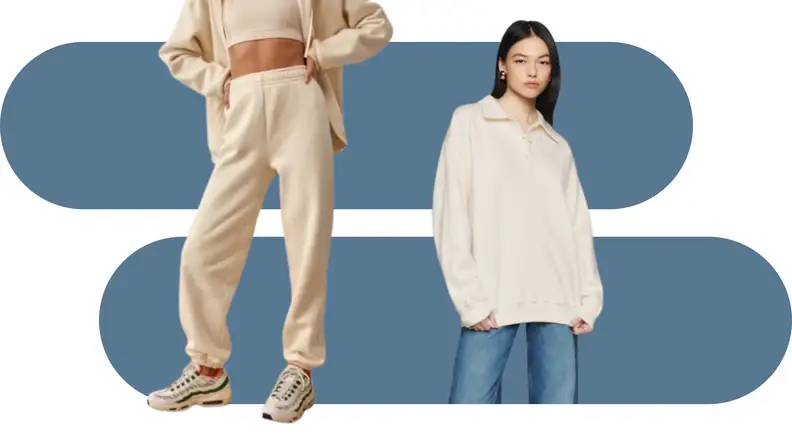 Models wearing almond-colored swetpants and a sweatshirt with a polo collar.