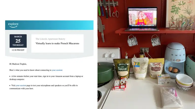 Left: A screenshot of the details for an Amazon Explore class. Right: Ingredients for macarons arranged on a kitchen countertop beneath a shelf that holds a laptop with the virtual class playing on the screen.