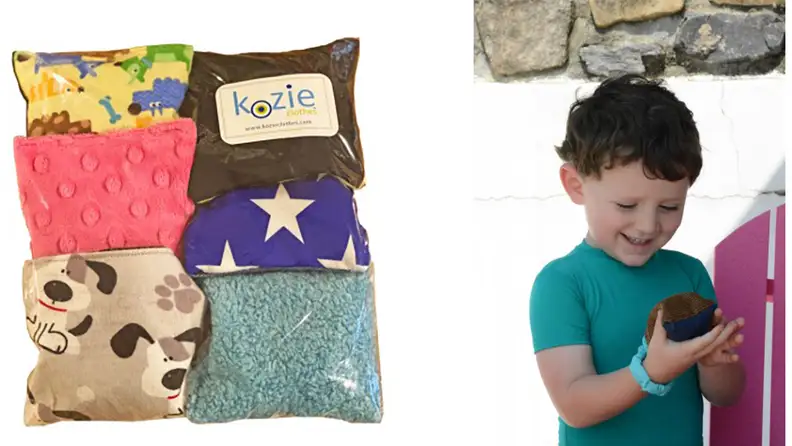 Left: A set of six colorful beanbags; right: a child plays with a beanbag.