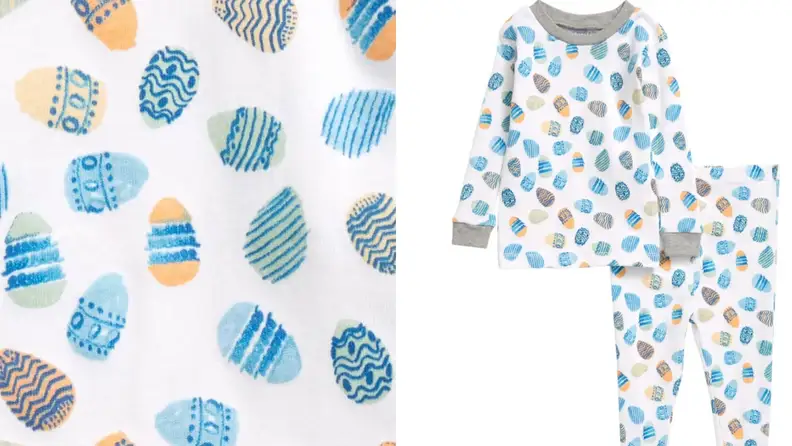 Colorful Easter eggs adorn a set of children's pajamas.