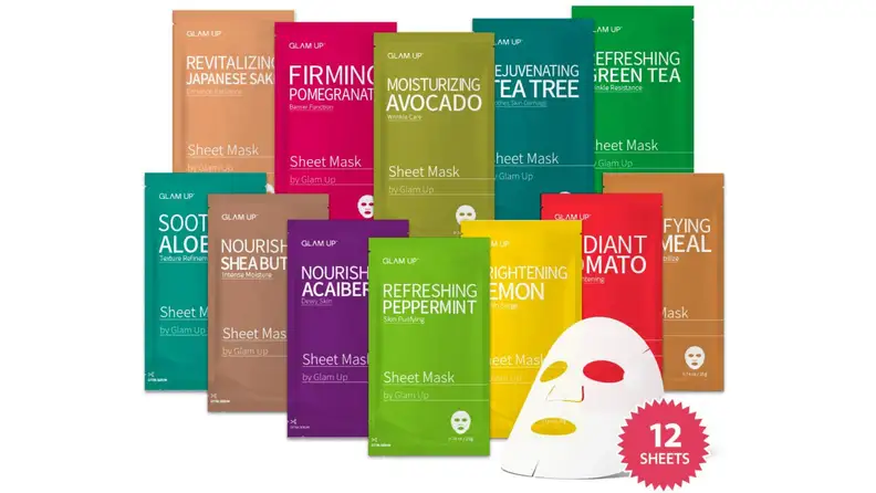 12 multicolored packets of face sheet masks, next to one white face sheet mask.