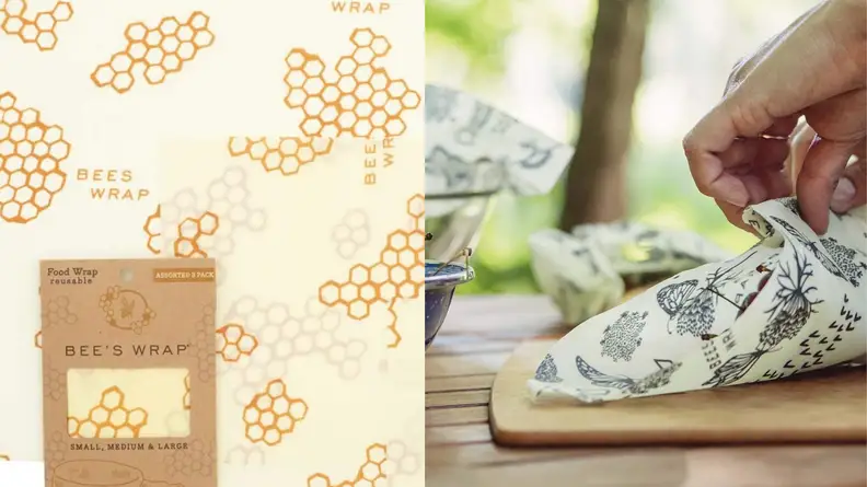 Yellow Bee's Wrap / Person wrapping up sandwich in Bee's Wrap while outdoors