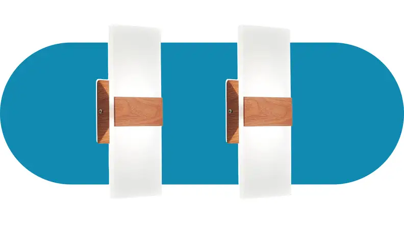 Two rectangle wall-mounted lights with wood accents.