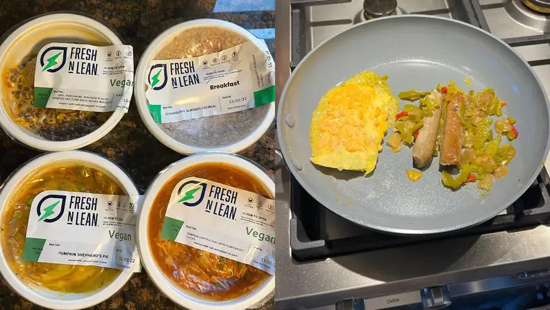 Four meal packagings out of their box next to a prepared meal in a plate.