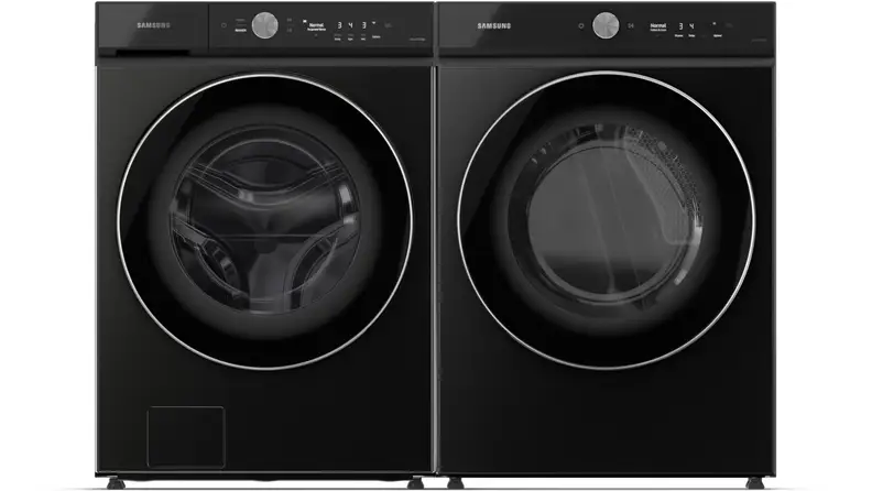 The Samsung Bespoke washer and dryer, side by side in a white void, in the black finish.