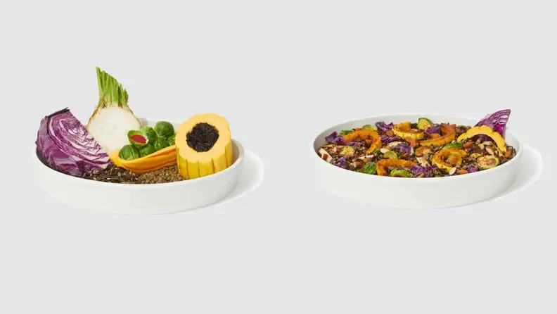 On left, Daily Harvest Wild Rice Gratin bowl's plant-based ingredients arranged, not yet prepared. On right, the Harvest Bowl is prepared and ready to eat.