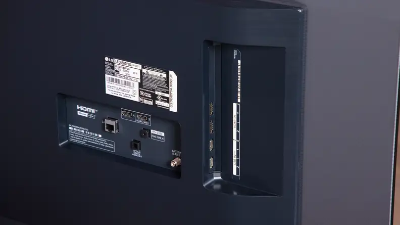 A closeup of the LG B2's connection panel.