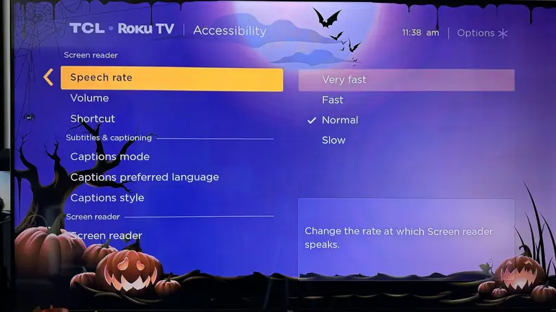 A screenshot of Roku's screen reader menu with the speech rate option highlighted