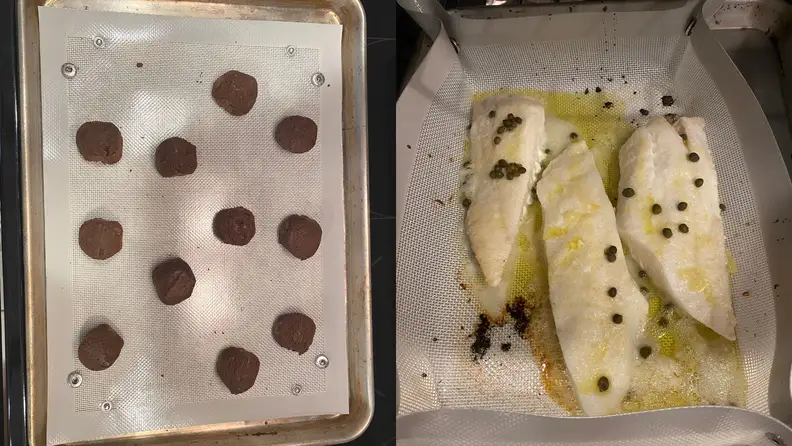 On left, chocolate cookie dough balls spaced on out baking mat. On right, three pieces of white fish with surrounding sauce in folded-up baking mat.